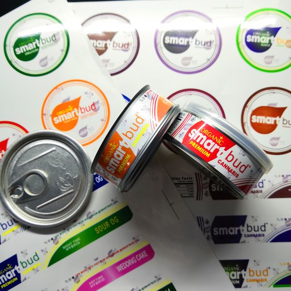 

16 flavors smartbud machine sealed tin cans 3.5 gram smart bud jar tank dry herb flower packaging with 15 flavor stickers lable6