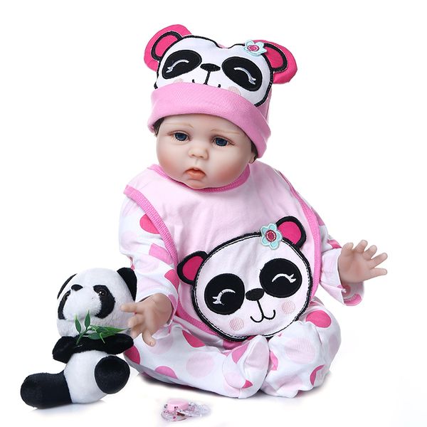 

новый 55см реалистичные возрождается кукла ребенка handrooted волосы мягкого новорожденная взвешенного тела в панде набор платья