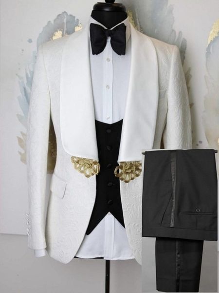 

costume homme ivory pattern men suits groom tuxedos shawl satin lapel groomsmen wedding blazer masculino( jacket+pants+vest, White;black