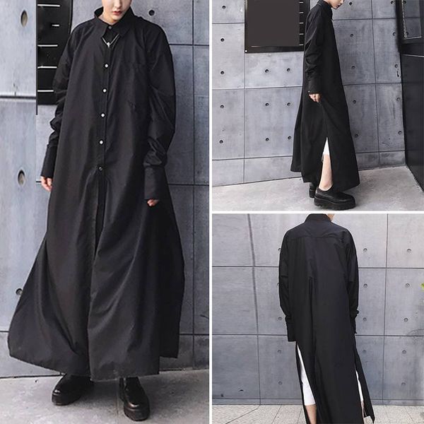 

2020 spring men long shirt long sleeve lapel punk muslim loose style kaftan streetwear split hem dress shirts s-5xl, White;black