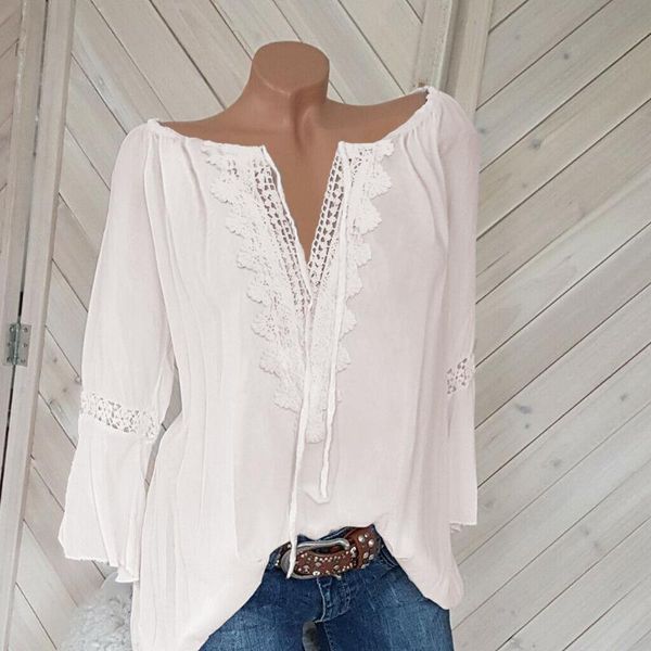 

5xl plus size t-shirts women clothing casual v neck 3/4 sleeve loose t-shirt spring summer lace t-shirts beach oversize, White