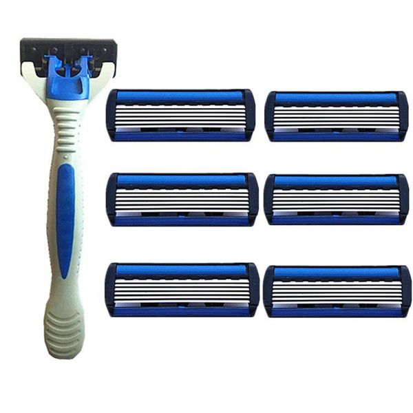 

мода мужчины 6 layers руководство нержавеющая сталь безопасности ручка бритвы + 6шт замена лезвия глава легко носить с собой