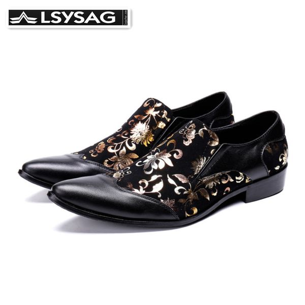 

fashion floral print genuine leather men party shoes luxury italian business men formal shoes gold pointed toe dress, Black