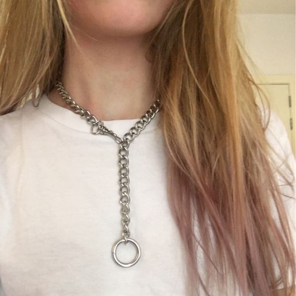 

60cm cool handmade silver color chain choker necklace for women men girls punk gothic metal chain collar with o round, Golden;silver