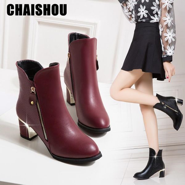

2019 autumn winter thick heel high heels pointed toe faux leather zipper style ankle womens boots bota feminina d-212, Black