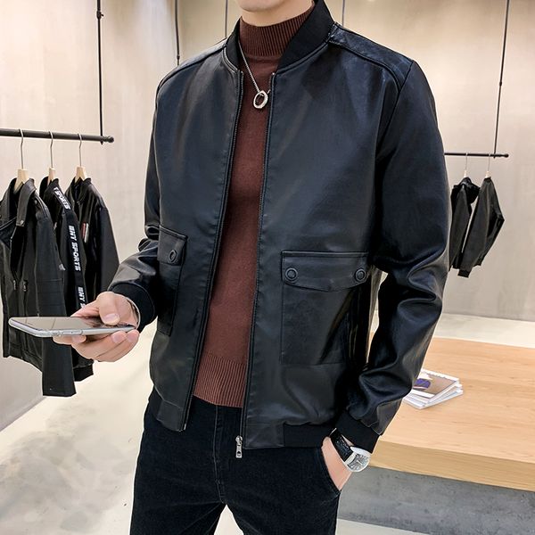 

new stand collar mens jackets luxury pu leather mens jackets and coats autumn and winter two pocket slim fit man coats, Black;brown