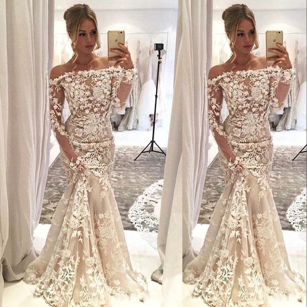 

new arabic champagne mermaid wedding dresses off shoulder long sleeves lace appliques 3d flowers illusion plus size formal bridal gowns, White