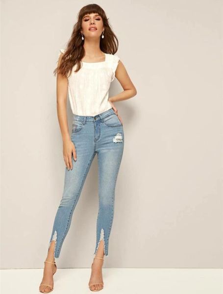 

spring high waist female jeans casual wear jeans slim female pants pencil pants stretch nine points, Blue