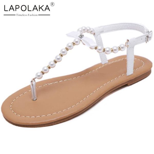 

lapolaka 2020 gladiator women sandals flat with string bead summer casual woman shoes, Black