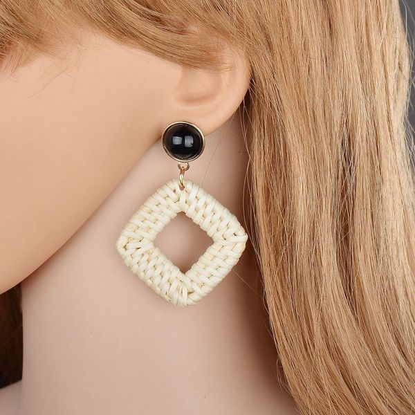 

rattan woven squared shaped women girl earrings geometric ear loop plated metal earrings retro jewerly, Silver