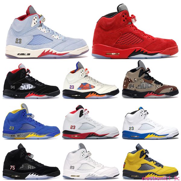 

2019 ale mens basketball shoes 5s ice blue laney blue michigan red suede white fire red black mens sports trainers sneakers size 7-13, Black;green
