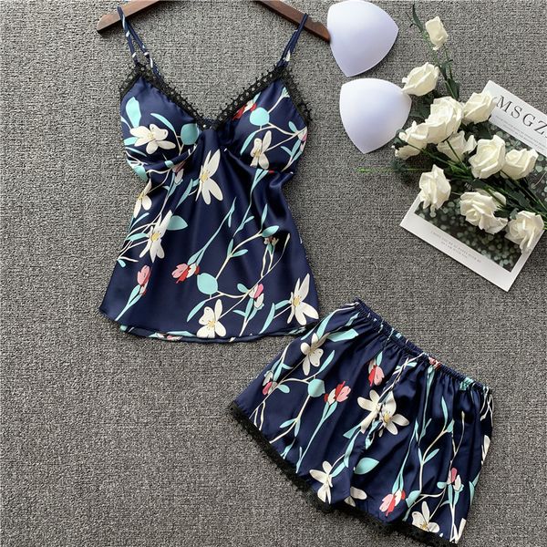

women's sleepwear sleep lounge pajama set satin women summer pyjama femme fashion flower pajamas for with chest pad, Black;red