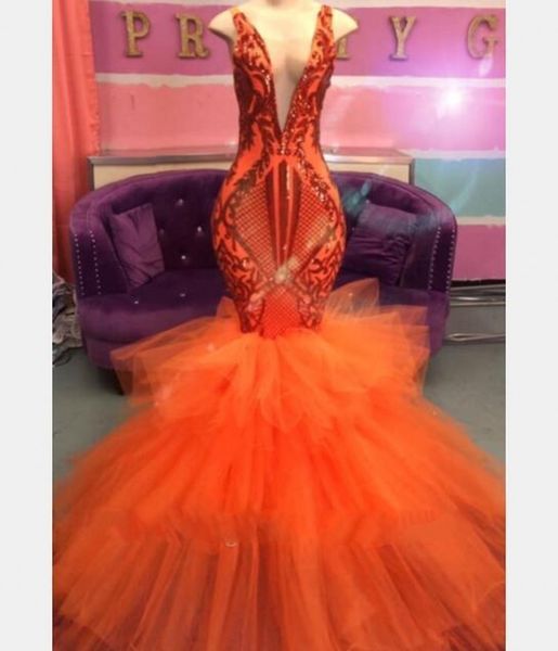 

v nevk sequins orange prom dresses tiered tulle mermaid evening dress formal party gowns vestidos custom made, Black