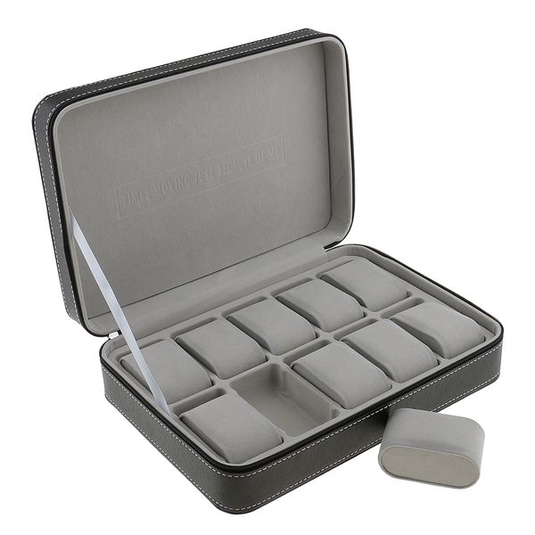 

phenovo watch case for 10 slots travel briefcase design leather large compartments with zipper closure jewelry packaging display, Black