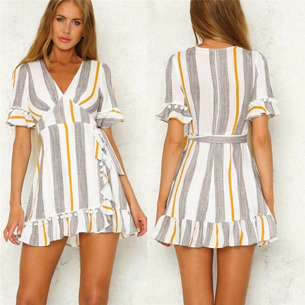 

women fashion summer casual v neck short sleeve mini short dress ladies evening party beach striped sundress, Black;gray