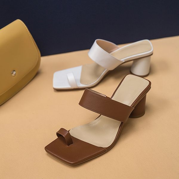 

vintage women slippers flip flop mulea genuine leather high heels shoes 2020 summer fashion working basic shoes woman, Black