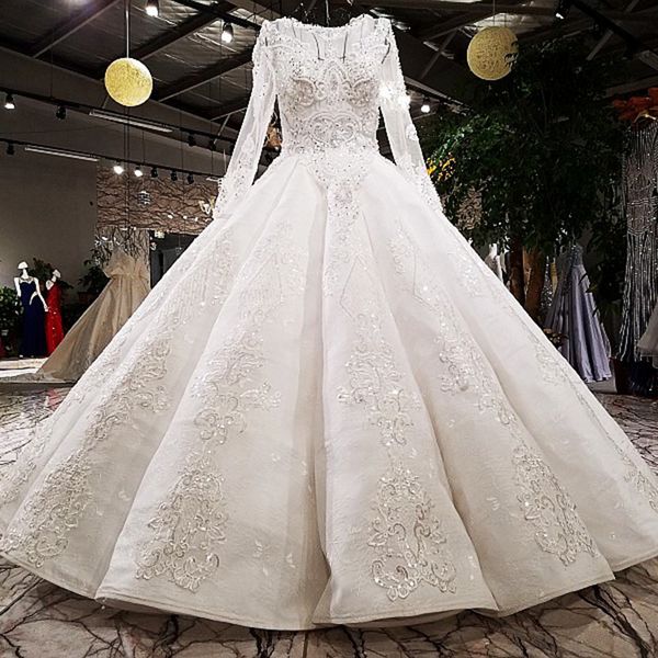 

see-through wedding dress o-neck long sleeve ball gown zipper back ivory crystal puffy skirt bridal wedding gowns with long train, White