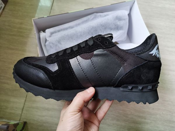 

fashion stud sneakers shoes footwear men women genuine leather flats luxury designer rockrunner trainers casual shoes sneakers chaussures, Black