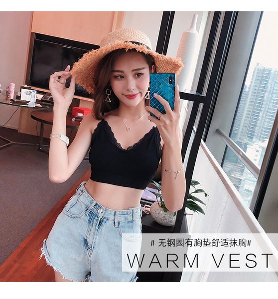 

2019 early spring new no steel ring gathered camisole vest underwear, Black;white