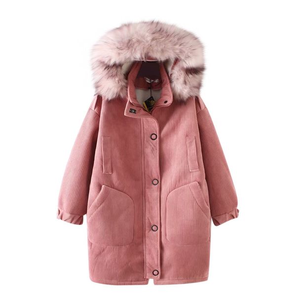 

women's cotton jacket coat solid color autumn and winter fur collar hooded corduroy thickening long section cotton outwear coat, Black