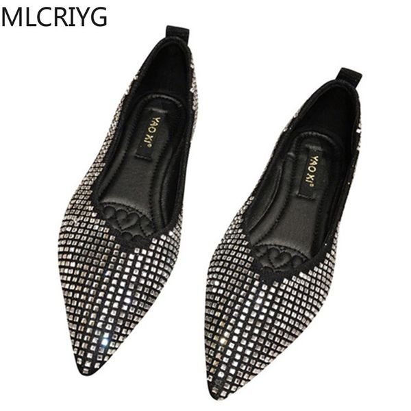 

women's shoes 2020 spring new single shoes wild fashion pointed rhinestone shallow mouth flat women women sandals, Black