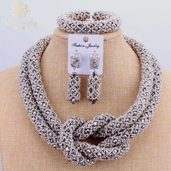 

2017 copper fine set silver dubai choker necklace 2 layers nigerian wedding african beads jewelry sets fashion c18122701