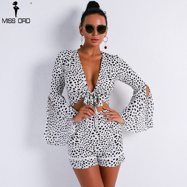 

missord 2019 women v neck speaker sleeve two pcs set overalls print female casual elegant playsuit ft9256, Black;white