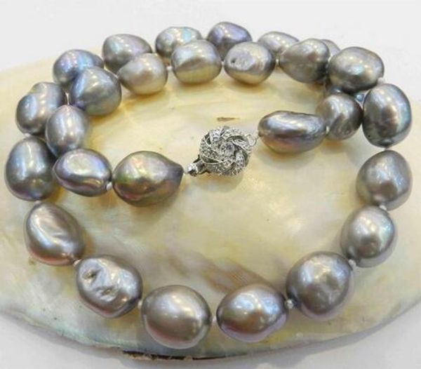 

beautiful 12-13mm south sea baroque gray silver pearl necklace 18 inch 925 s