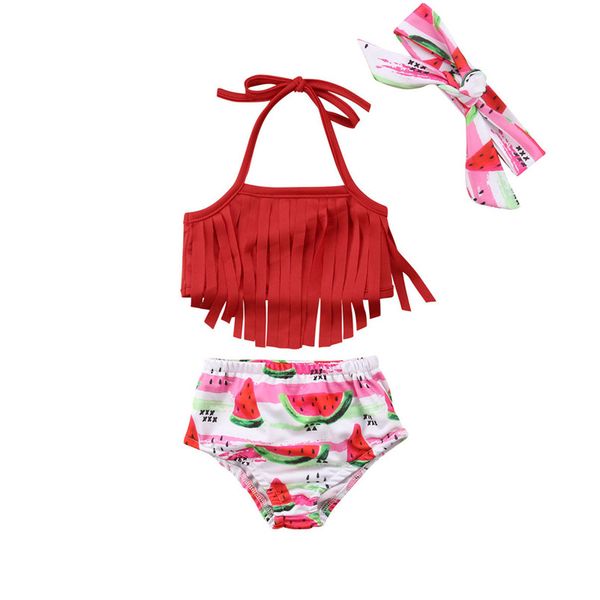 

3pcs swimwear set toddler kids baby girl watermelon print pants swimsuits long tassel tie t shirt + headwear clothes set