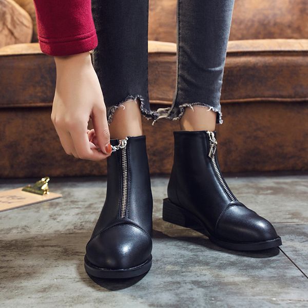 

women's rubber boots shoes low heels booties round toe zipper bootee woman 2019 booties ladies lace up rain chunky flat autumn, Black