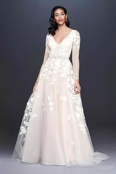 

2019 Deep V Neck Long Sleeves Lace Wedding Dresses Beaded Sash Court Train Wedding Bridal Gowns With Buttons robe de mariée