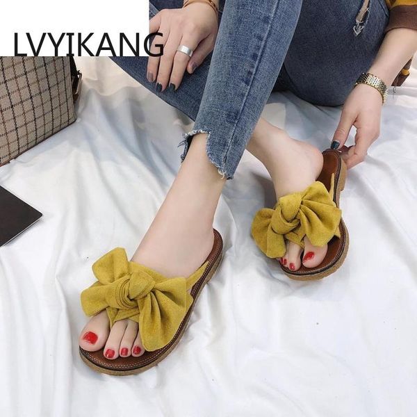 

summer women flip flops fashion solid color bow tie flat heel sandals size 36-40 outdoor slipper beach shoes for female, Black