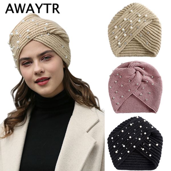 

awaytr new crochet knitting woolen pearl rhinestone headbands winter women bandanas warmer ear cross headbands ladies turban