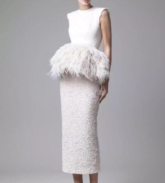 

2019 new tea length ostrich feather wedding dresses krikor jabotian outfits jewel neckline sheath wedding gowns, White