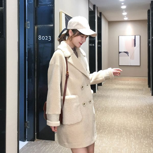 

sheep sheared long compound fur coat whom one double-breasted fur cashmere long coat, Black