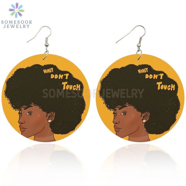 

somesoor both sides print black afro girl don't touch my hair wooden drop earrings african wood pendant dangle for women gifts, Silver