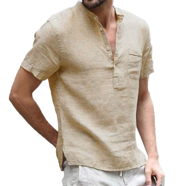 

men's casual loose summer new male baggy retro short sleeve v-neck pullover shirt blouse solid color cotton soft, White;black