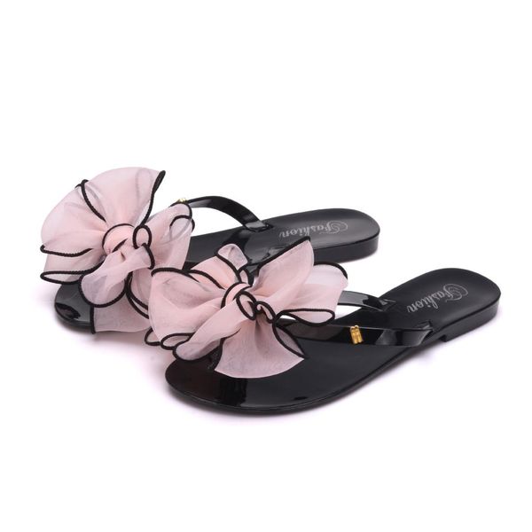 

mhyons new 2019 bow women flat sandals summer style candy color flip-flops shoes woman jelly shoes slippers summer women, Black