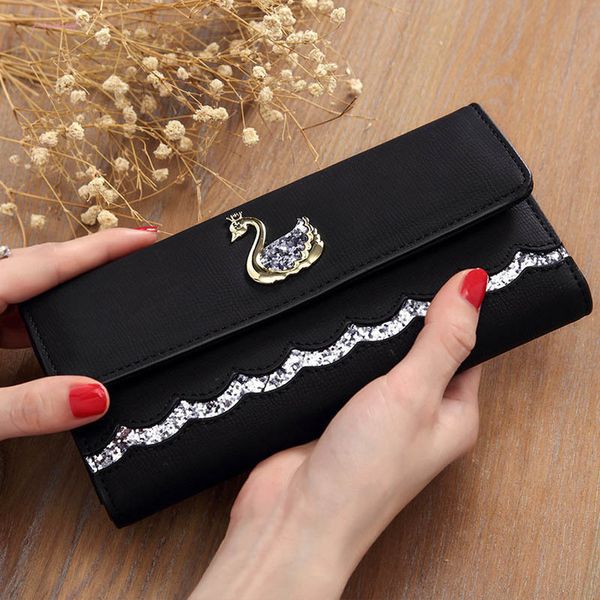 

fashion women wallet swan sequin lovely long womens wallets and purses card holder pu leather phone clutch female, Red;black