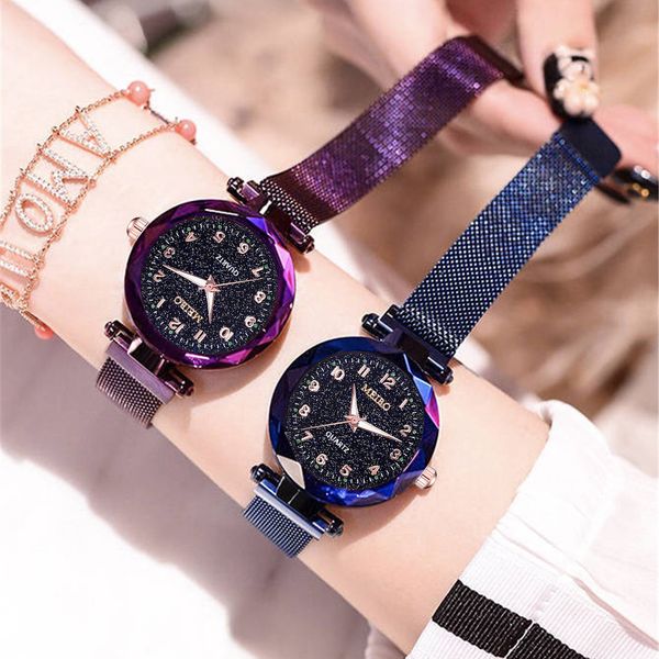 

women watch magnet buckle steel mesh belt bracelet watches starry sky quartz wristwatch clock gift #w, Slivery;brown