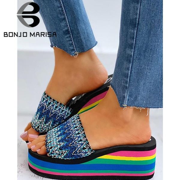 

bonjomarisa new summer fashion rainbow wedges ethnic colorful slippers women comfy casual platform shoes woman, Black