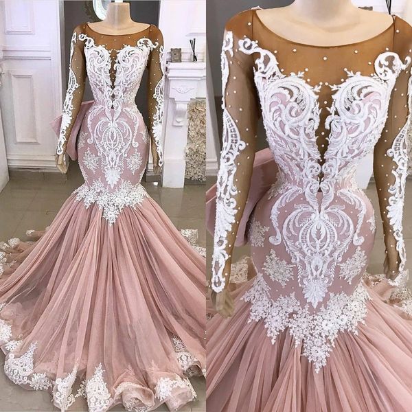 

sheer scoop neck розовый русалка арабский дубай выпускные платья шнурок аппликации из бисера длинные рукава формальные партии платья тюль bo, Black