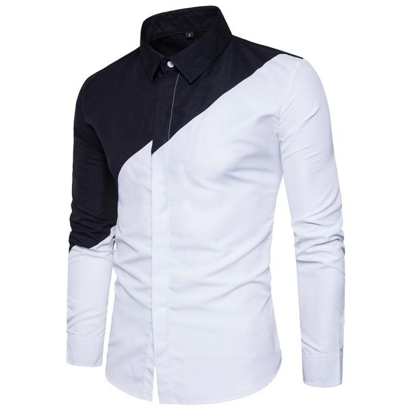 

2019 mens cotton black white stitching color shirts casual slim fit fashion man lapel large size long-sleeved shirts male s-2xl, White;black