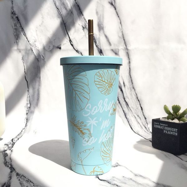 

custom logo thermos travel coffee cup double wall 17oz stainless steel mug with metal straw