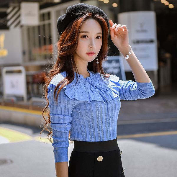 

dabuwawa winter knit bottoming sweater woman ruffle bow pullovers poncho design autumn sweater blue/white/black d18djs012