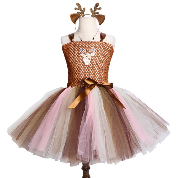 

brown deer tutu dress girls kids christmas birthday party dress children cute animal deer halloween costume for girls 2-12 year, Red;yellow