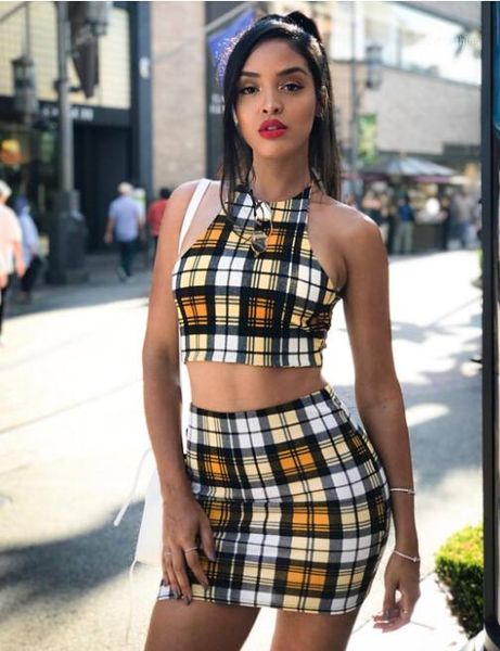 

women summer plaid print skirt suits spaghetti strap halter bodycon sheath dresses skirt sets women two piece skirt outfits1, White