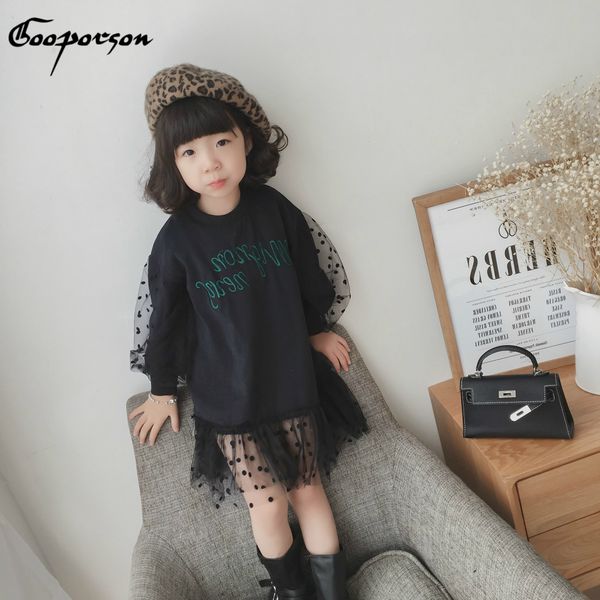 

girls casual dress with lace lantern sleeve toddler girls' black shrit dress letter printed fashion 2019 new children pullover t200624, Red;yellow