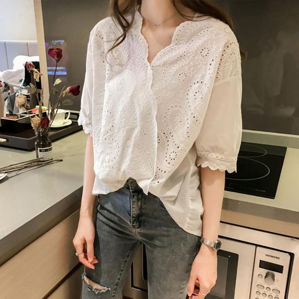 

korean japan 2020 white lace women blouse shirts v neck female new fashion summer sweet chic half sleeve blouse