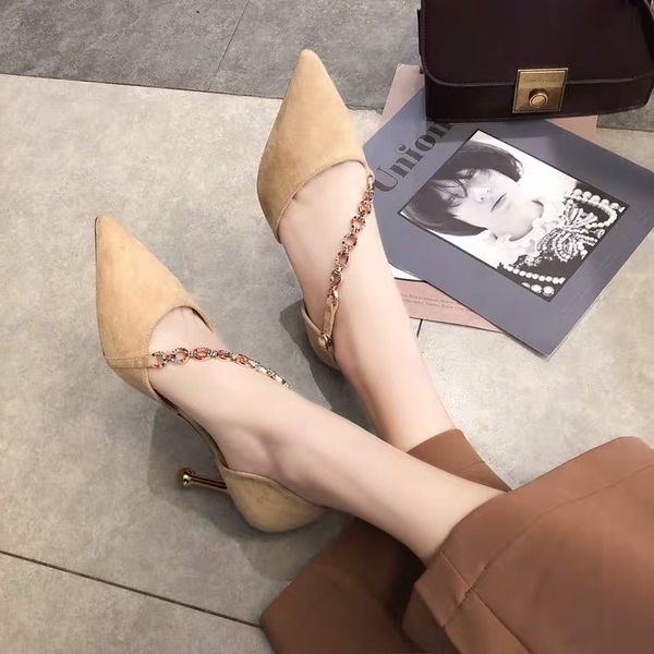 

2019 spring new cat and pointy single shoes hollow sandals fine heels high heels velvet water drill word buckle women's shoes, Black